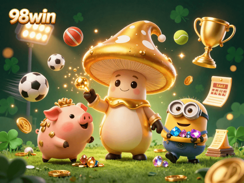 Bet on exciting sports with 98win's vibrant 3D scene featuring magical elements and treasures.