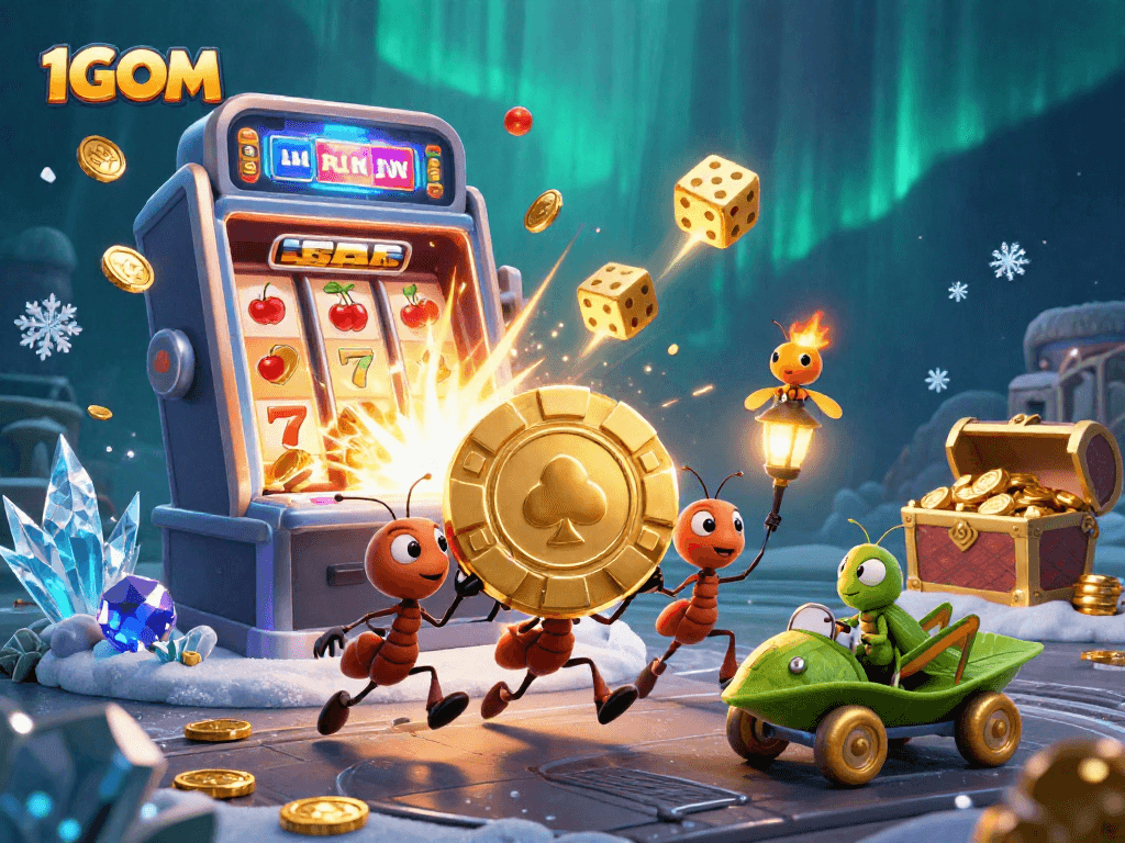 1GOM offers thrilling casino excitement with ants carrying a giant poker chip in a vibrant heist.