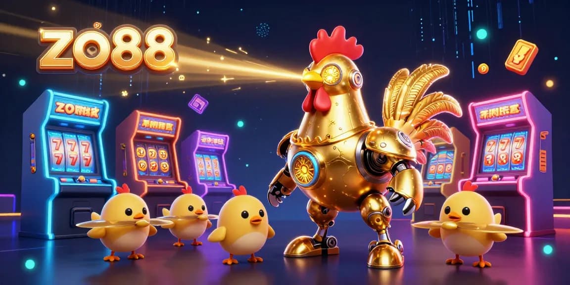 Experience exhilarating gameplay at zo88 with vibrant arcade machines and a stunning golden rooster robot.