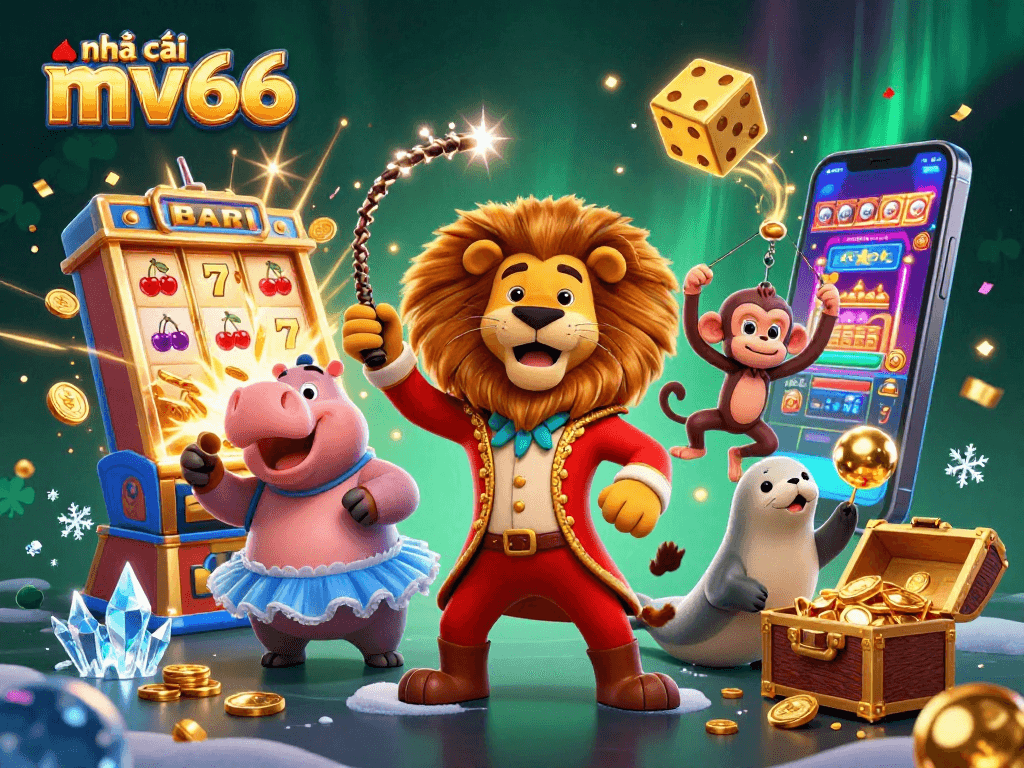 Unleash excitement with maison cai mv66, featuring vibrant casino characters amidst a jackpot explosion.