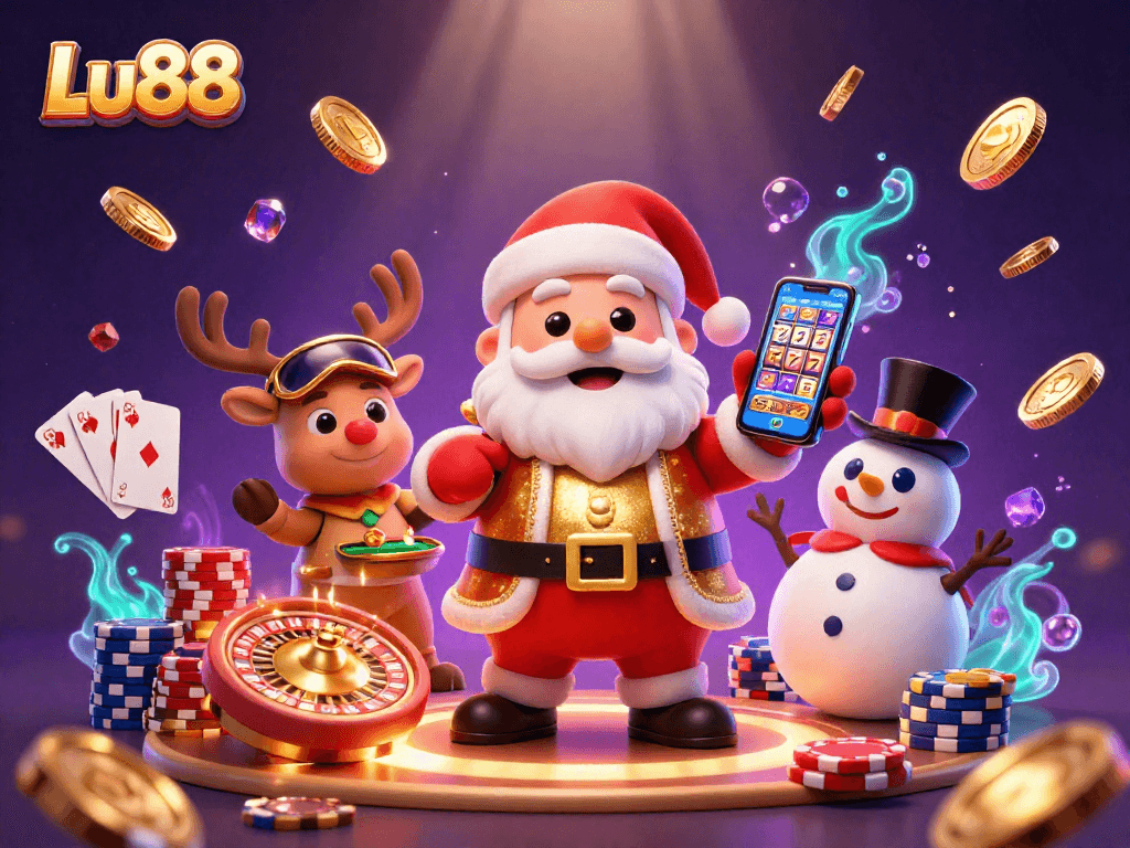 Experience winning with Lu88 in this vibrant casino scene featuring festive characters and exciting gaming elements.