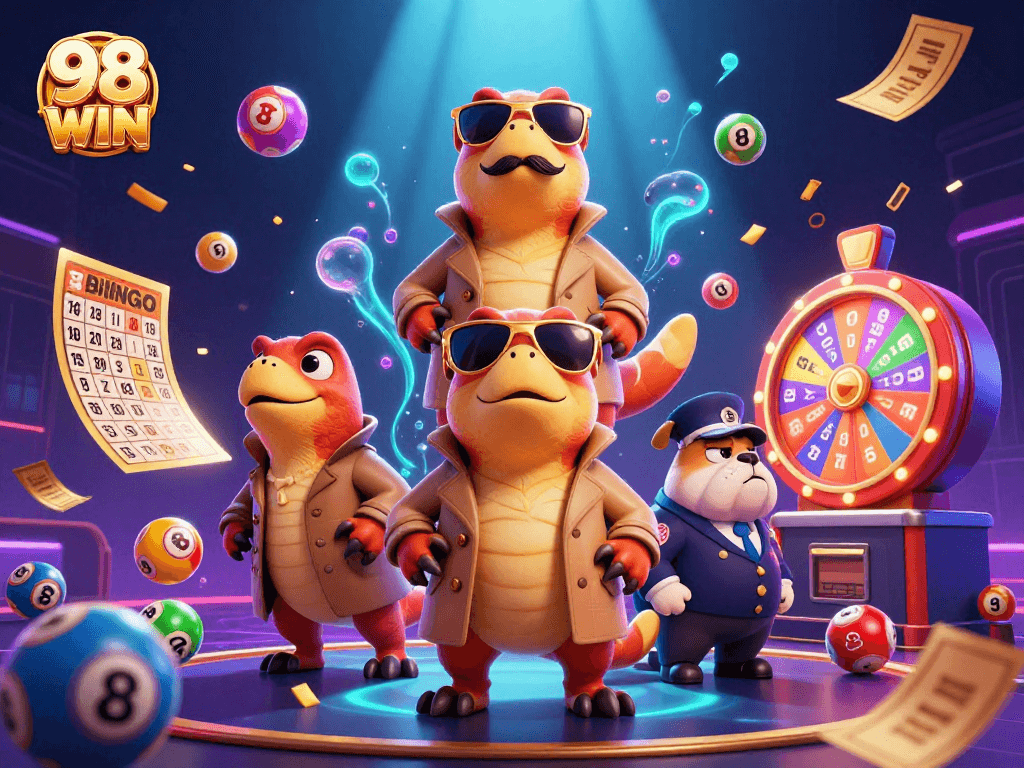 Experience excitement at 98 WIN with raptors and colorful lottery elements in a vibrant casino scene.