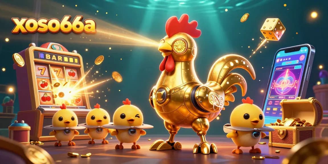 Engage with exciting games at xoso66a featuring a golden rooster robot leading a jackpot explosion.