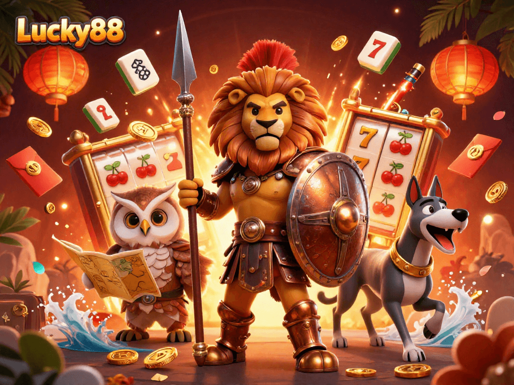 Experience Lucky88's thrilling slot adventure with heroic characters and captivating casino visuals.