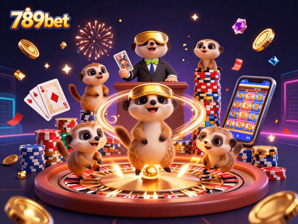 Play 789bet at a vibrant meerkat casino scene with dynamic game elements and celebratory atmosphere.
