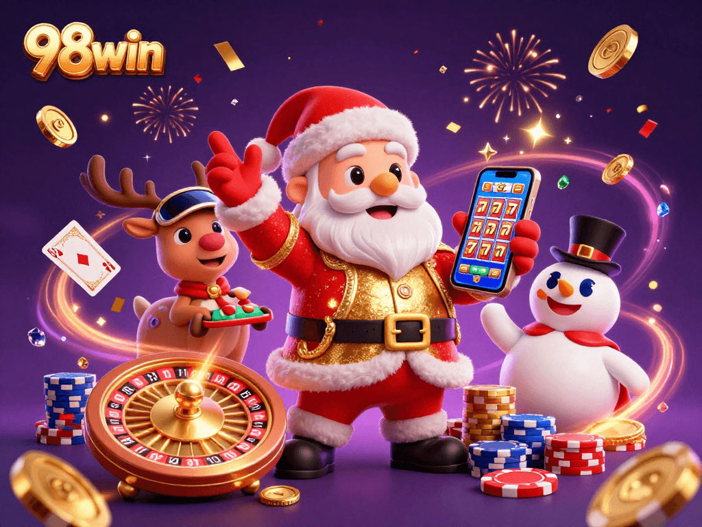 Join the excitement at 98win with Santa and friends celebrating winnings under a dazzling casino atmosphere.