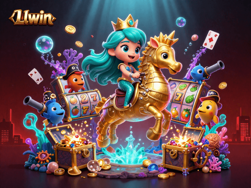 Experience thrills at Llwin with a vibrant underwater casino scene showcasing colorful characters, slot games, and treasure elements.