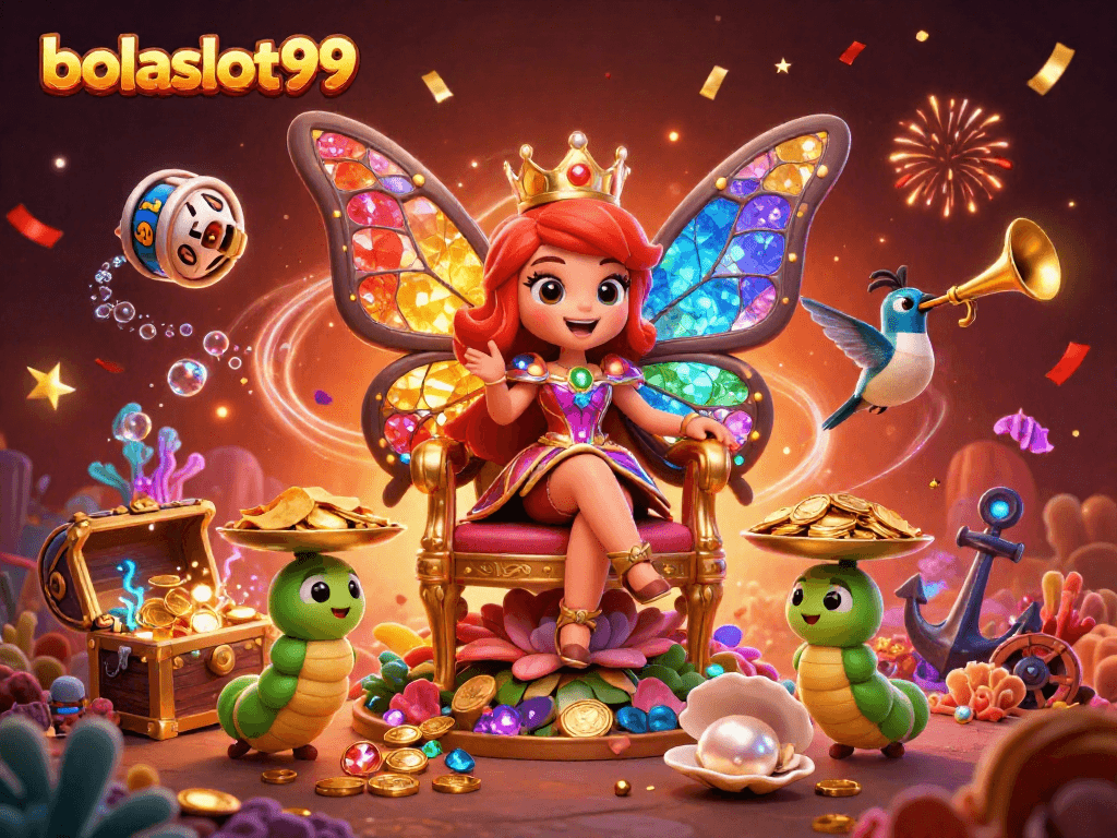 Experience the vibrant world of bolaslot99 with a butterfly queen and slot reels in a richly detailed 3D scene.