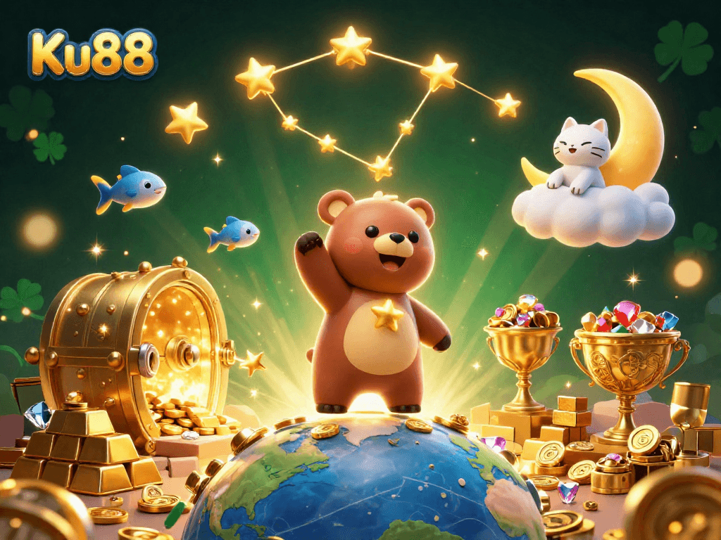 Engage with Ku88's vibrant 3D illustration showcasing luck and riches in a casino environment.