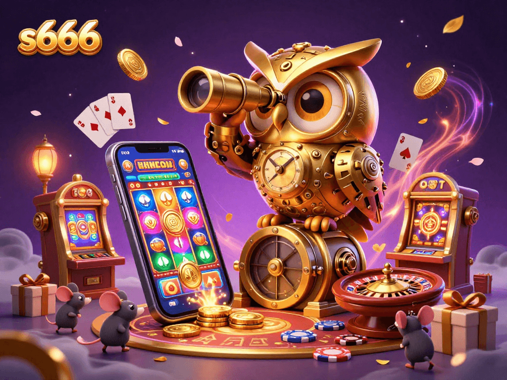 s666 showcases an engaging 3D illustration of a golden owl scanning a vibrant casino floor with dynamic game elements.