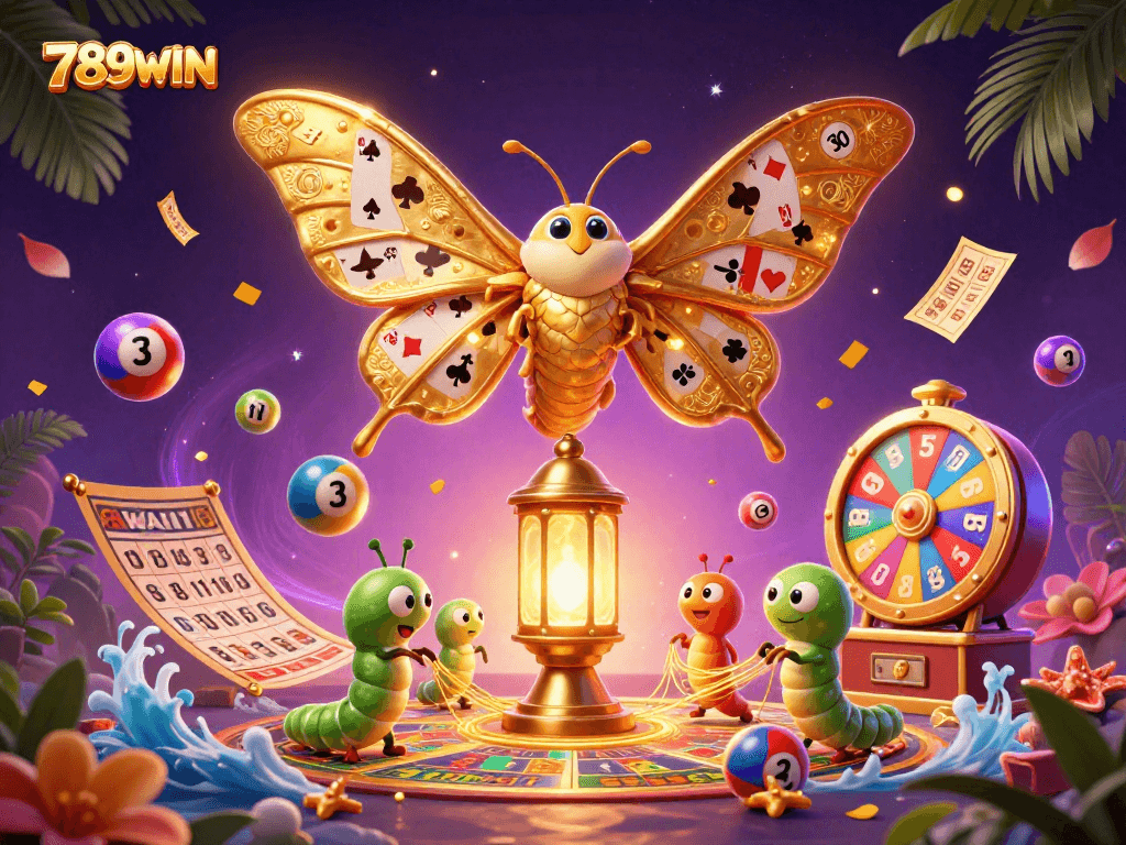 Join the fun at 789WIN with colorful lottery balls and a dazzling atlas moth in a rich casino landscape.