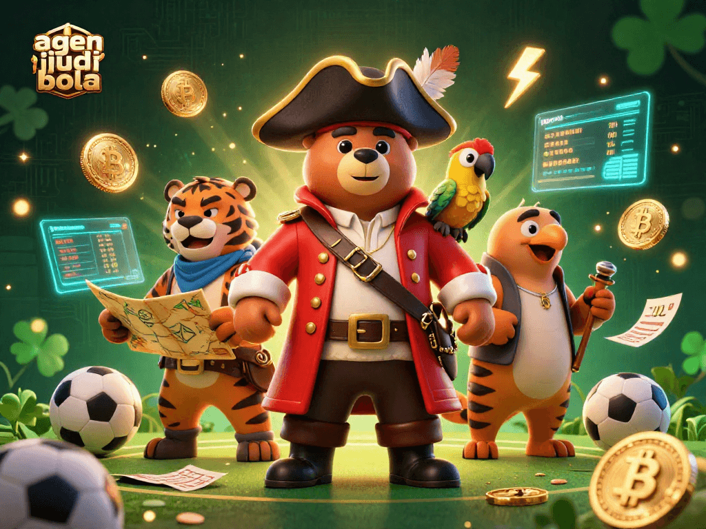 Spark excitement with agen judi bola in a vibrant sports betting scene featuring a pirate bear and tiger.
