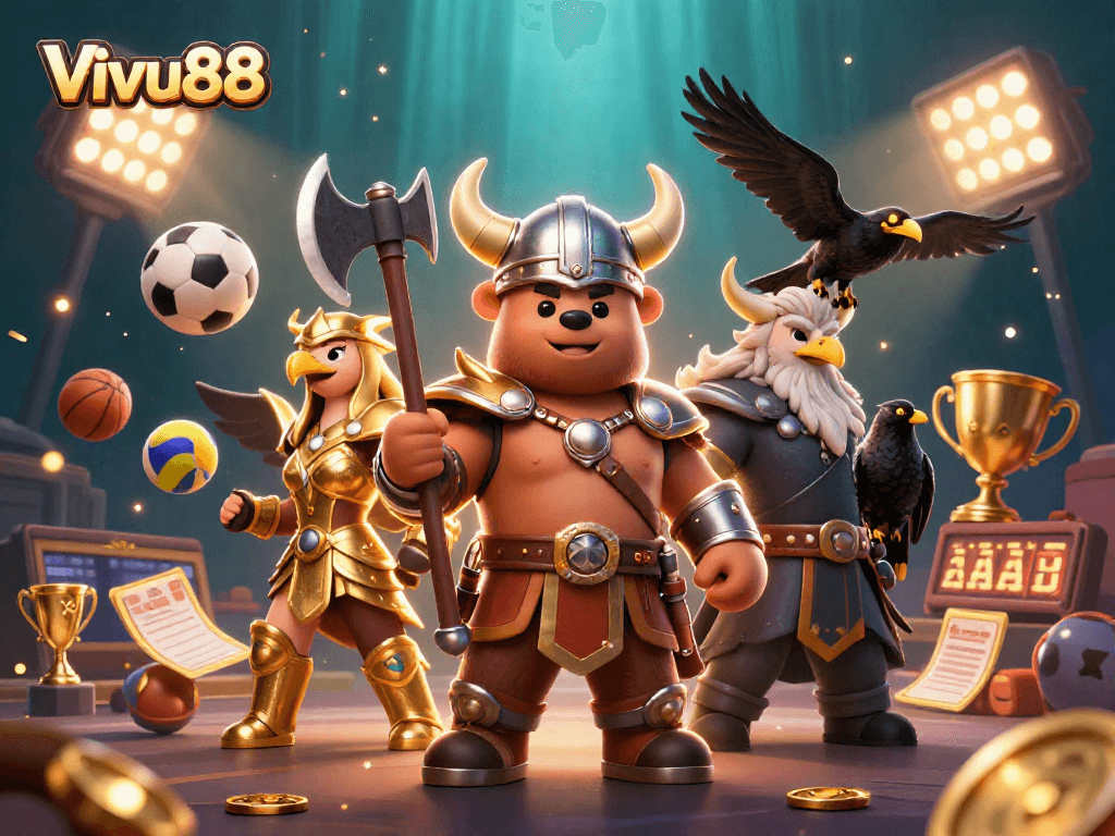 Experience thrilling action at Vivu88 with a vibrant 3D illustration featuring dynamic sports elements and epic characters.