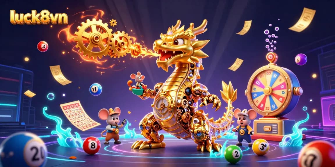 Engage with luck8vn's immersive gaming experience featuring a mechanical dragon and vibrant lottery elements.