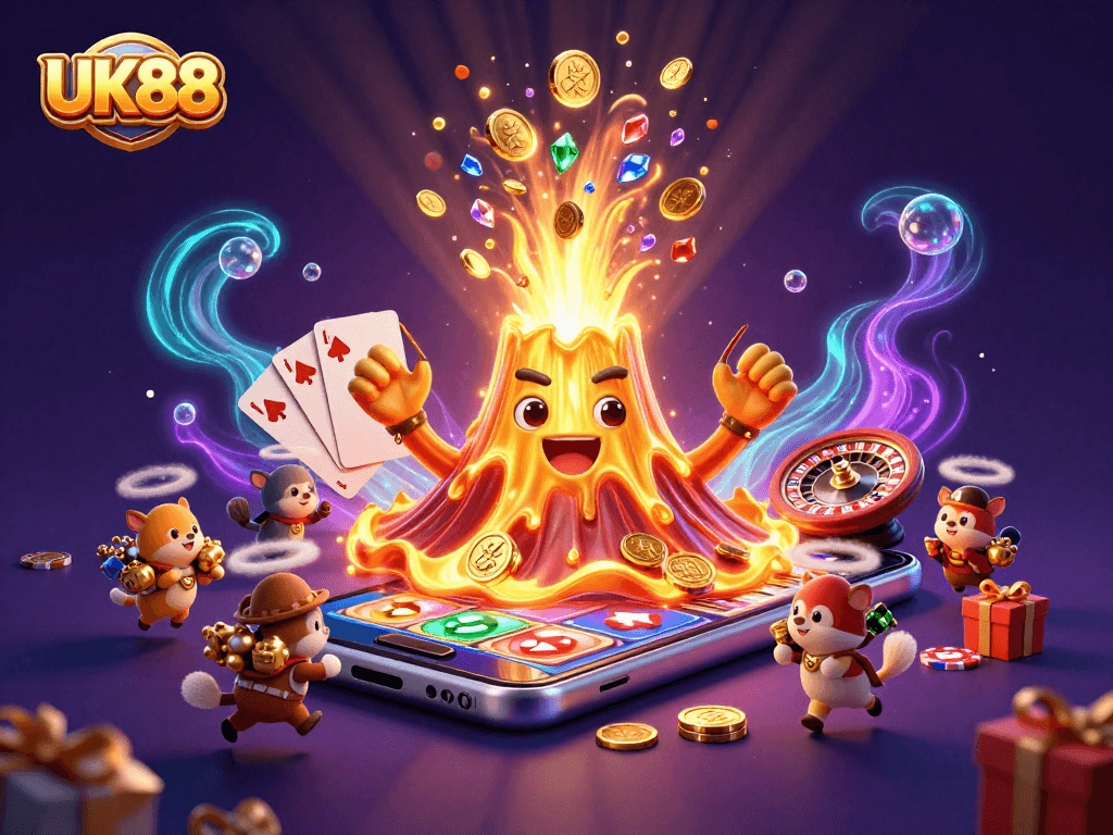 Experience UK88's thrilling gaming adventure with a golden volcano erupting treasures and vibrant slot elements.