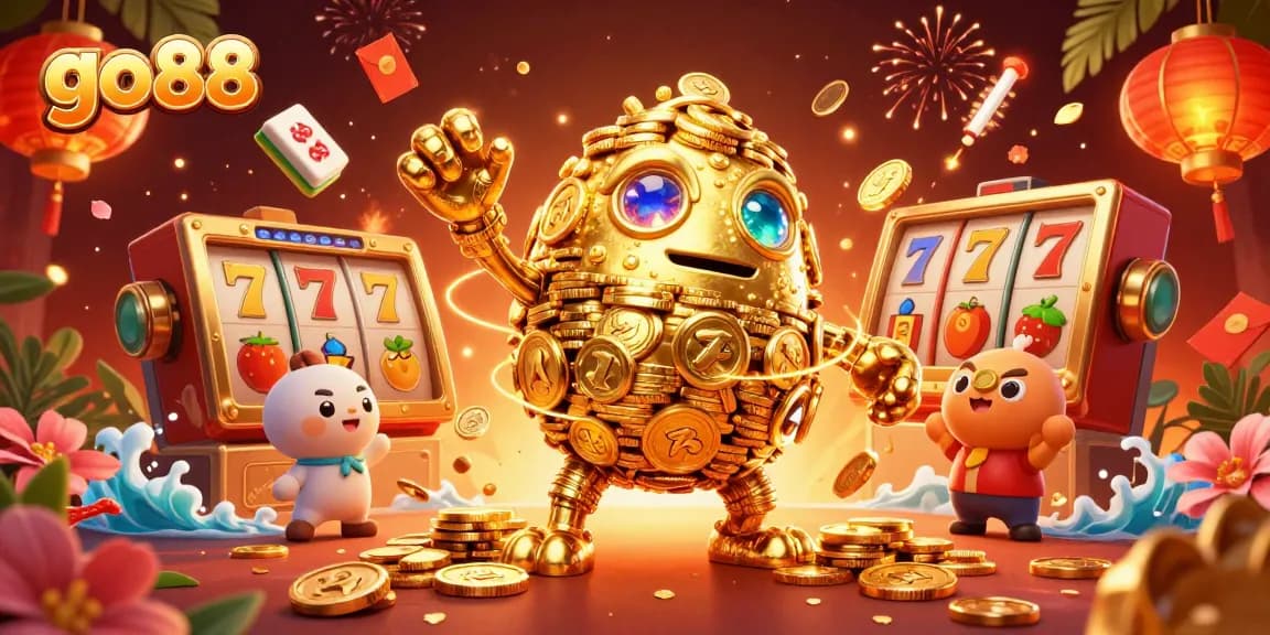 Engage with go88's animated golden golem amidst vibrant slot symbols and dynamic gaming elements.