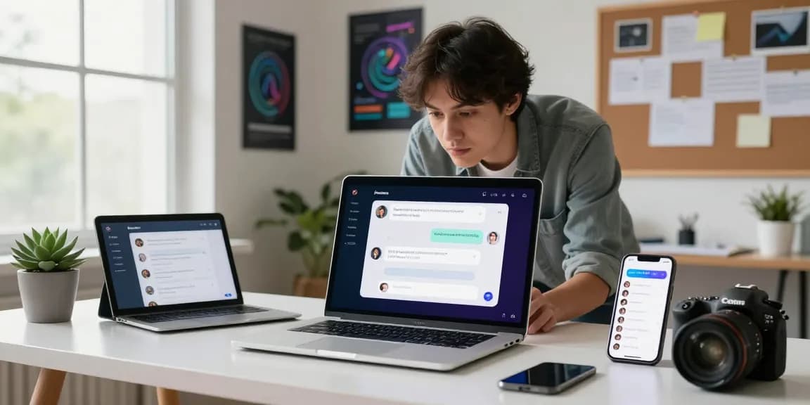 Interactive juicy ai chat interface in a modern tech workspace with devices and creative elements.