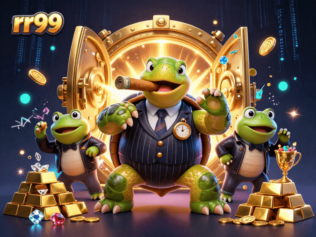 Experience thrilling wins at rr99 with a classic casino scene featuring a mobster turtle and bullfrog enforcers.