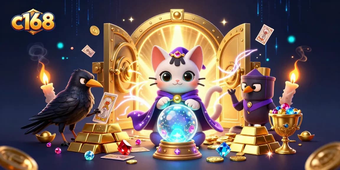 C168 captivates players with a fortune teller cat and treasures in a vibrant 3D casino illustration.