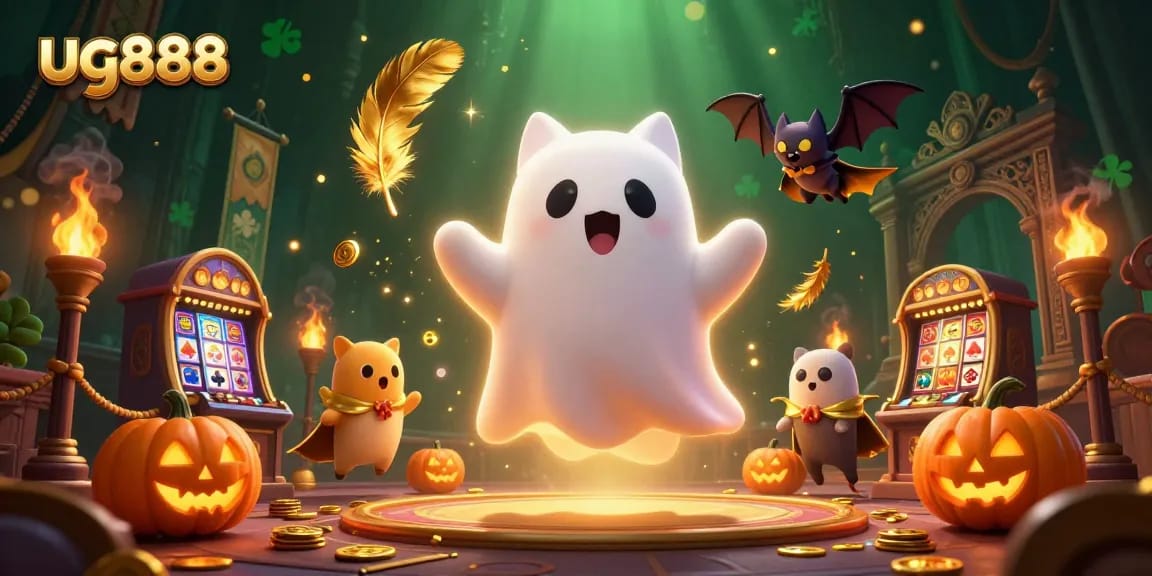 Catch exciting wins at ug888 with a ghost cat and vampire bat in a dynamic casino scene.