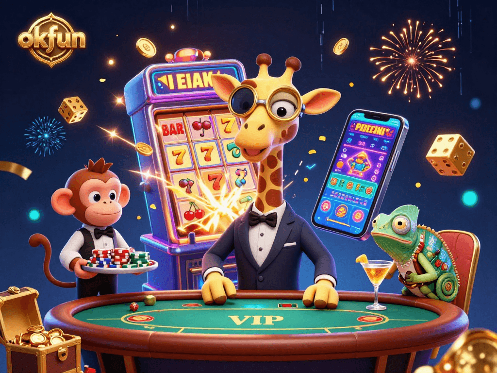 Experience the excitement at okfun casino with a high-roller giraffe and vibrant gaming elements.