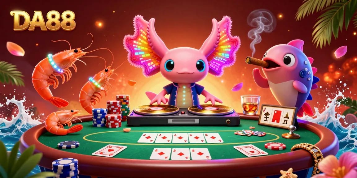 Experience the excitement of DA88 with a colorful 3D casino scene featuring a dynamic DJ and poker elements.