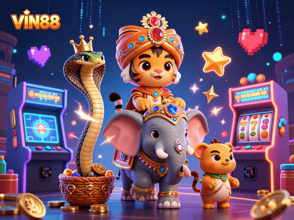 Play slots with VIN88 among vibrant gaming characters in a vivid casino setting.