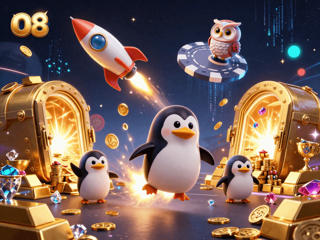 Experience the thrill at O8 with a golden penguin rocketing through a cosmic casino.