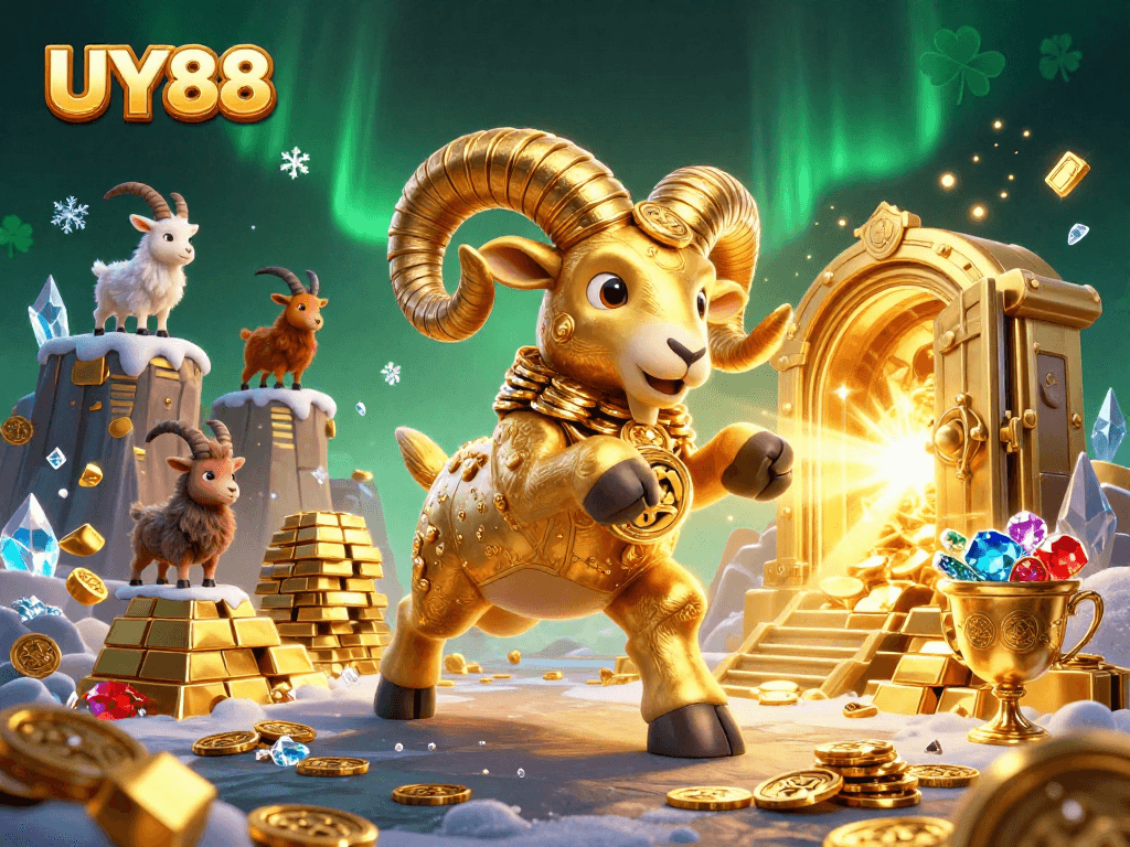 Experience UY88's thrilling wins with an ultra-detailed 3D golden ram charging toward treasure.