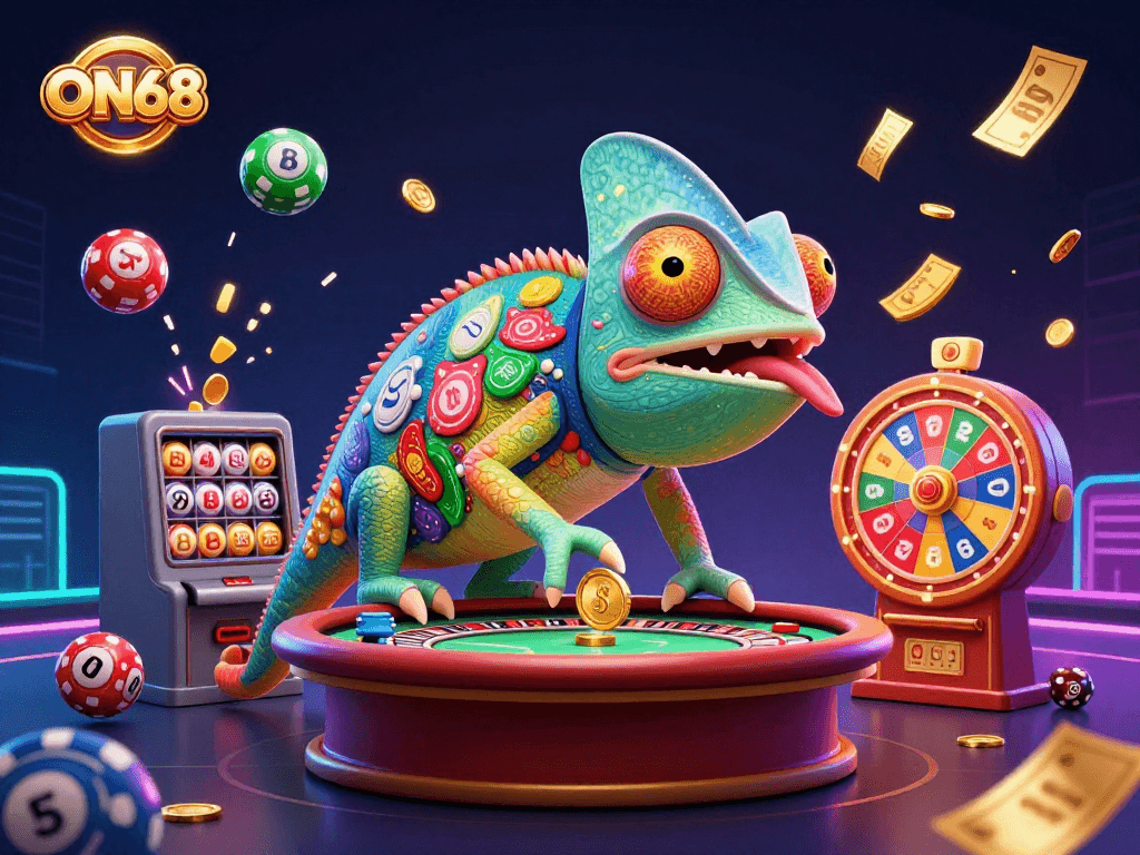 Engage with ON68's vibrant lottery scene featuring a chameleon casino owner capturing golden coins amid colorful elements.