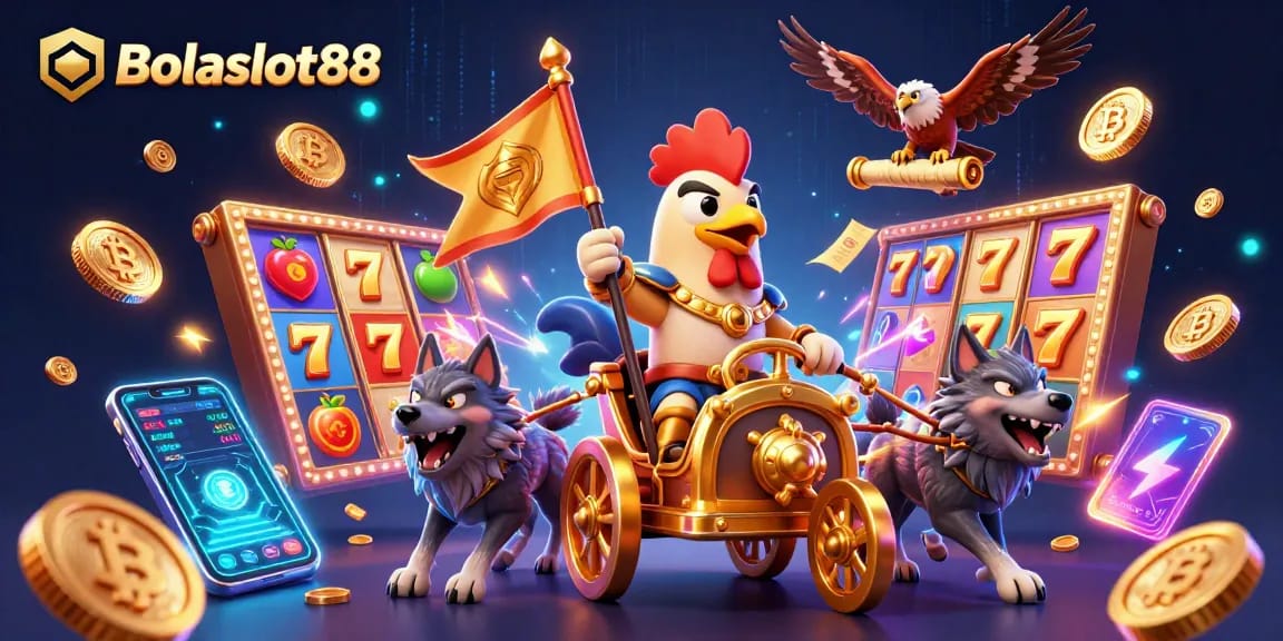 Bolaslot88 showcases a thrilling casino scene with a warlord and wolves among vibrant slot symbols.