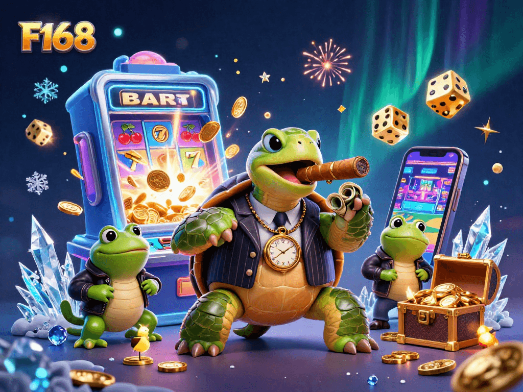 Experience thrilling jackpots at F168 with a dynamic casino scene featuring colorful slot machines and vibrant characters.