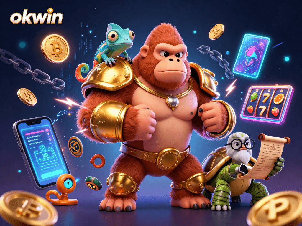 Engage in exhilarating gaming with okwin's powerful characters amidst neon-lit crypto and casino elements.