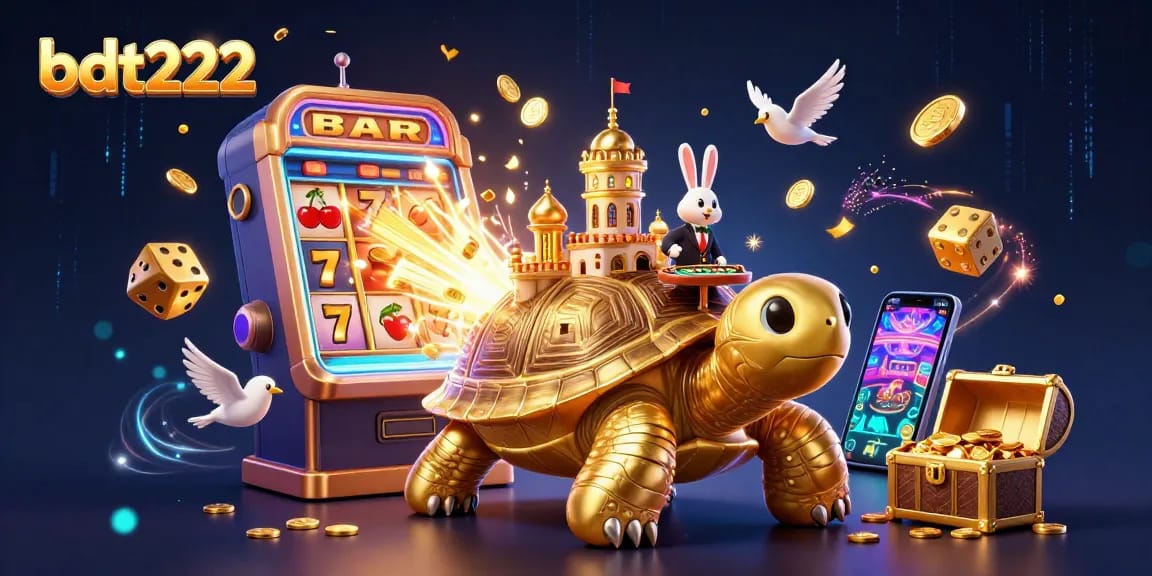 Experience the excitement of bdt222 with a vibrant 3D scene filled with golden jackpots and animated casino activities.