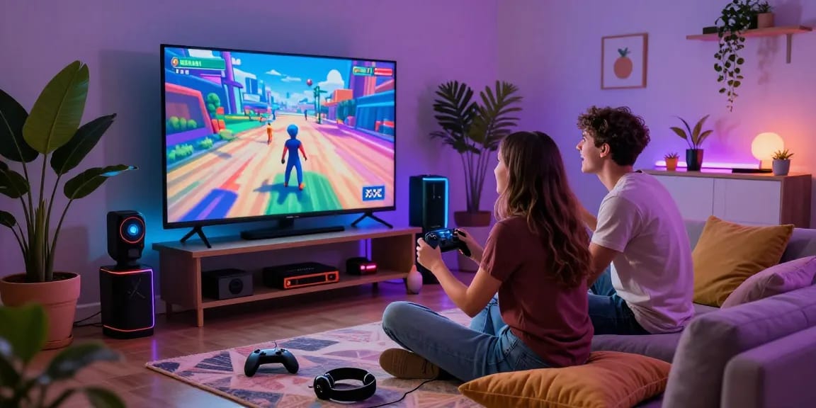 Couple enjoying an xxx game together in a vibrant gaming setup, surrounded by colorful decor and cozy ambiance.