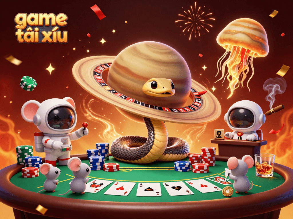 Engage in game tài xỉu amidst a cosmic casino scene with playful astronaut mice betting.