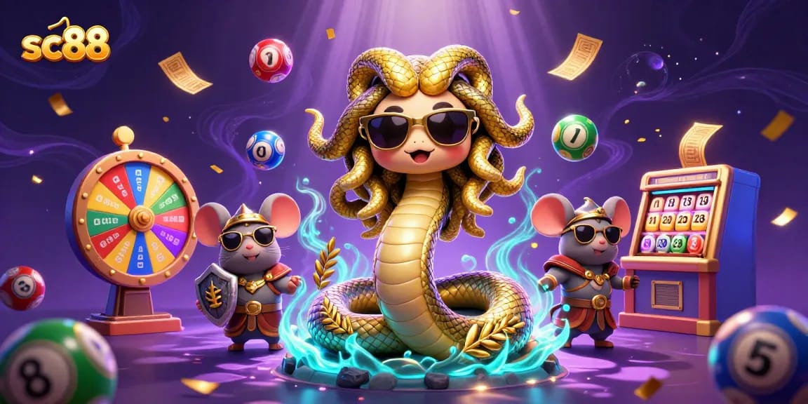 Win big with sc88 in a vibrant 3D illustration filled with playful lottery elements and characters.