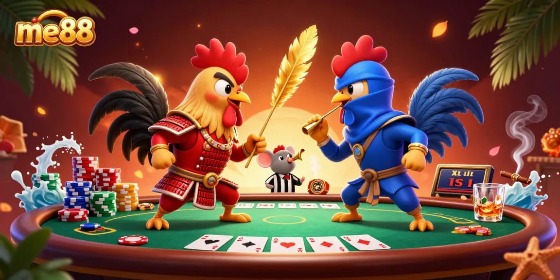 Experience me88 with intense rooster duels at a colorful poker showdown.