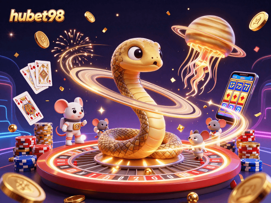 Engage with hubet98 as tiny astronaut mice bet on a cosmic roulette wheel surrounded by gold.