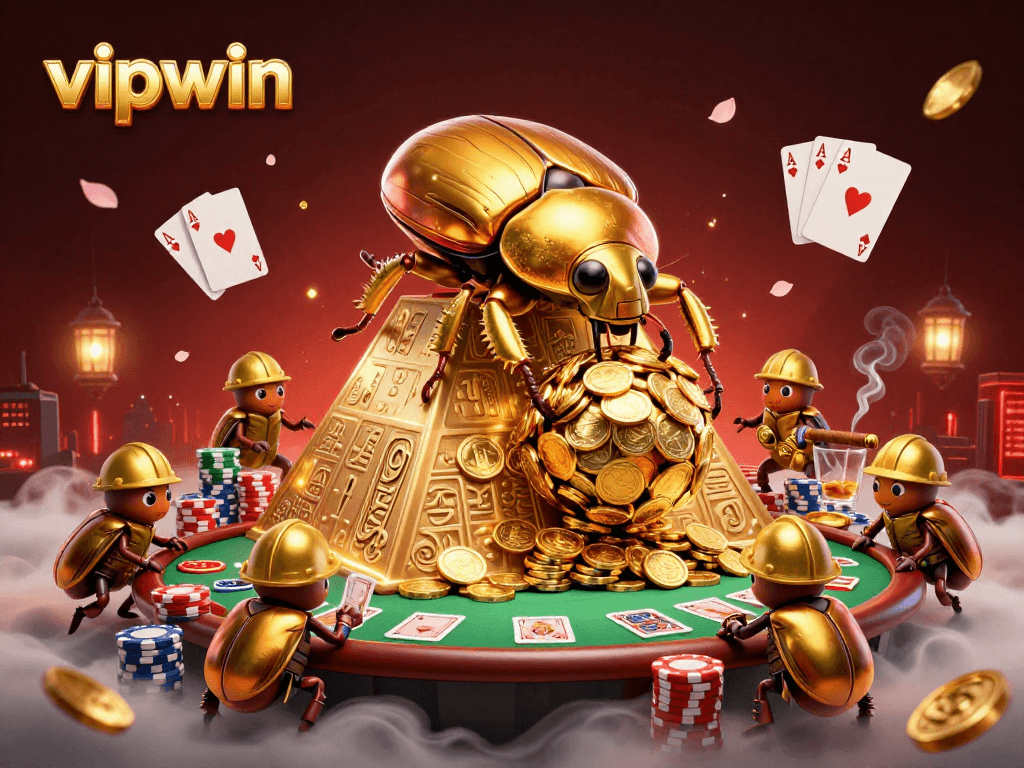 Experience the excitement of vipwin as golden beetles roll coins amid a vibrant casino scene.
