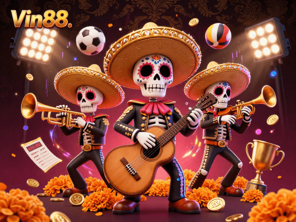 Experience Vin88 through a vibrant 3D illustration of a mariachi band celebrating casino gaming with sports elements.