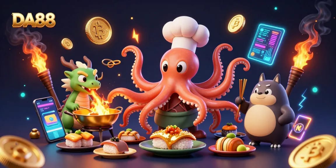 DA88 showcases thrilling gaming with a sushi chef octopus and a dragon in a vibrant casino-themed scene.