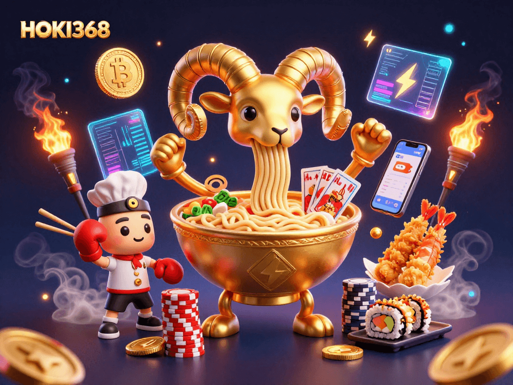 Experience vibrant gaming action with HOKI368, featuring a whimsical ramen bowl as a dealer in a colorful casino scene.