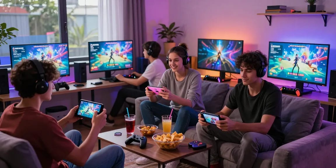 Exciting scene of friends playing an android porn game together in a cozy gaming room, showcasing vibrant graphics and engaging atmosphere.