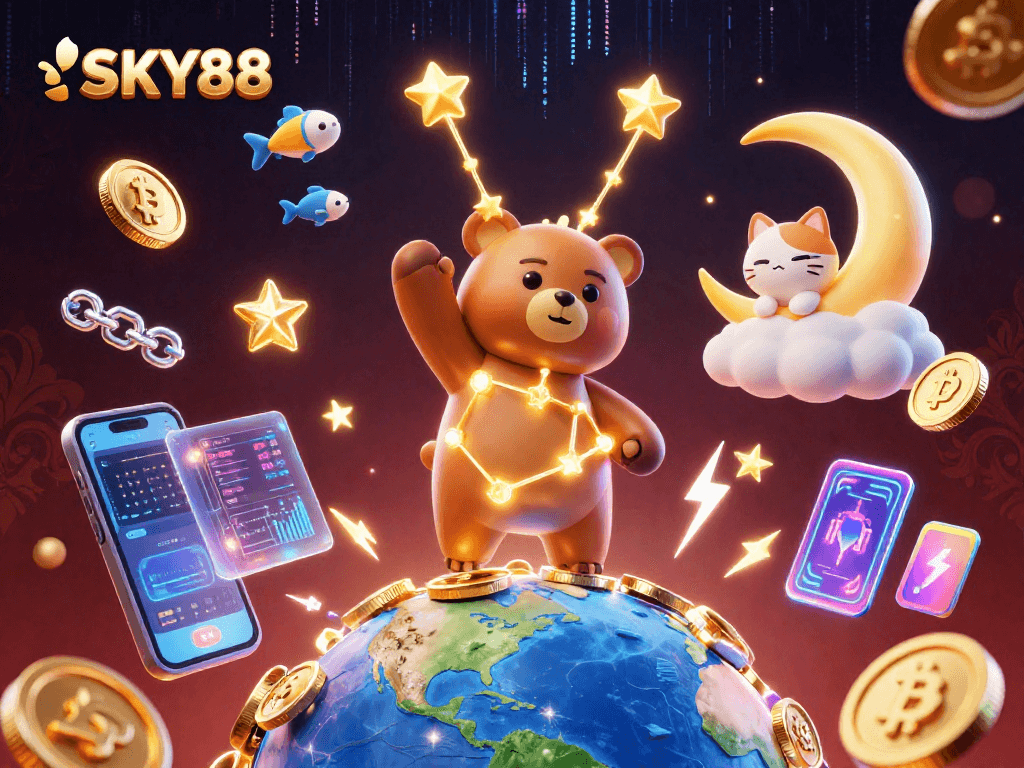 SKY88 casino illustration of a constellation bear collecting coins, showcasing crypto gaming elements