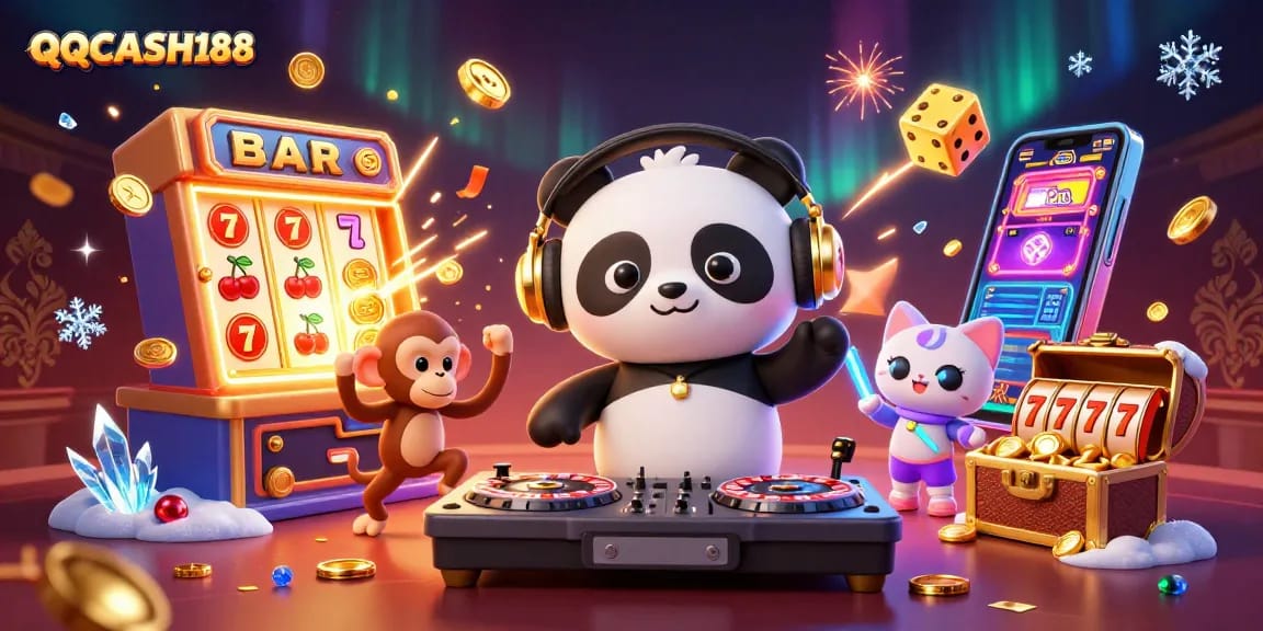 QQCASH188 sparks excitement with a DJ panda, breakdancing monkey, and rave kitten in a dynamic casino scene.