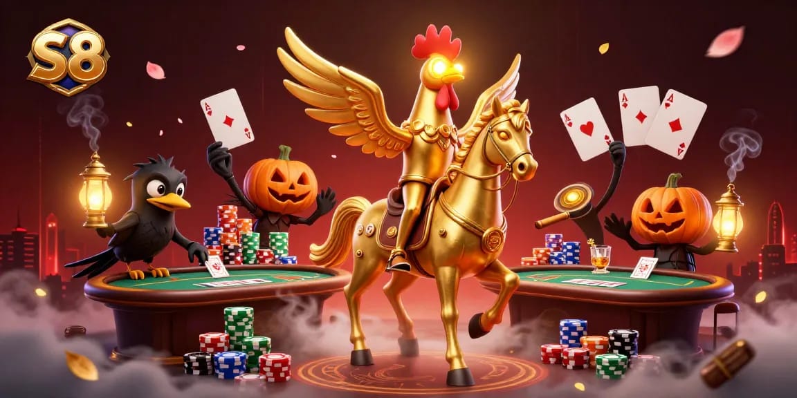 S8 players enjoy an exhilarating poker night with golden rooster and crow companions in the midnight casino.
