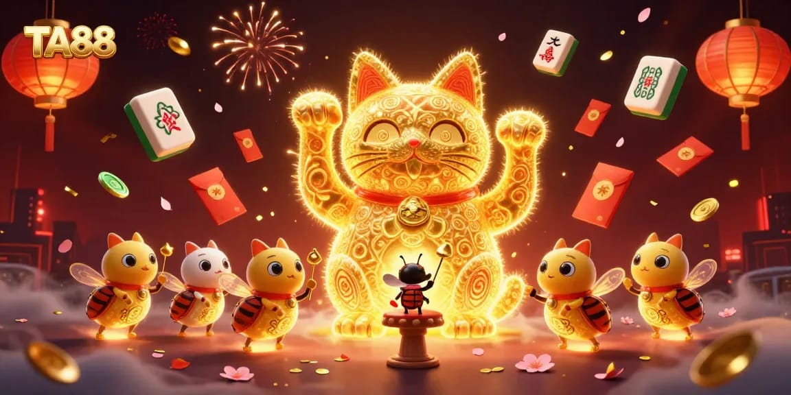 Experience the excitement of TA88 with vibrant casino-themed imagery featuring a golden lucky cat.