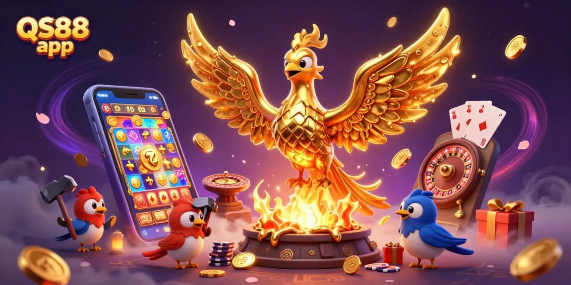 Experience the excitement of the QS88 app with dynamic gaming elements and a captivating golden phoenix!