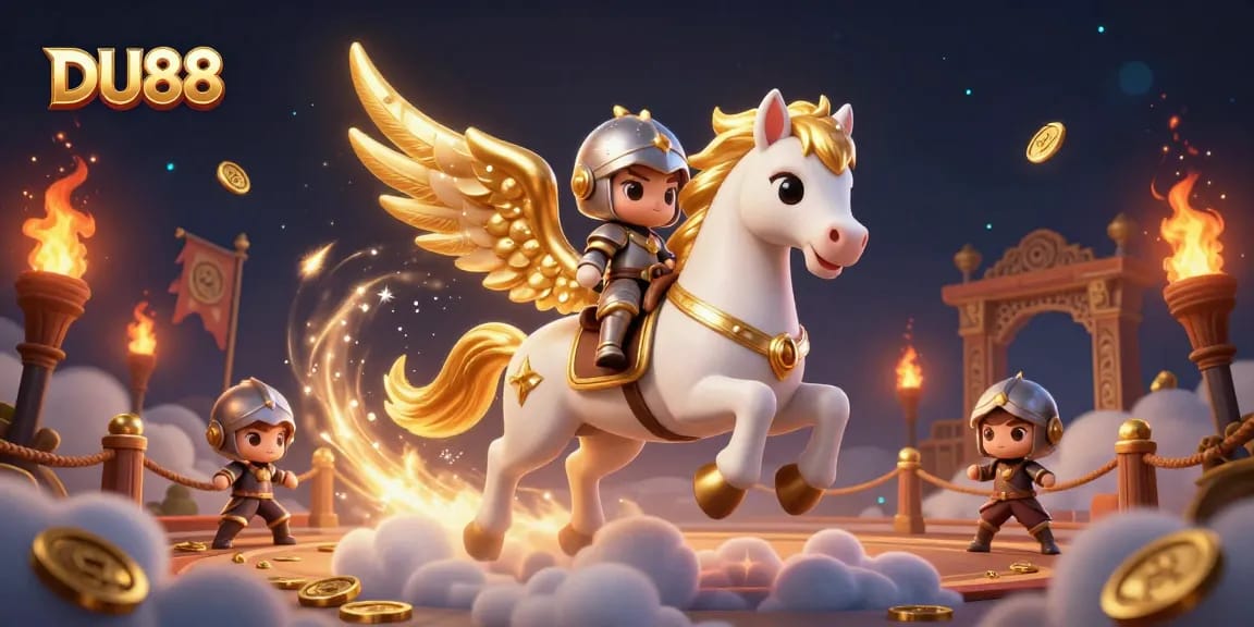 A stunning DU88 casino illustration featuring a celestial horse and knight amidst a dramatic gambling scene with gold coins and fiery effects.